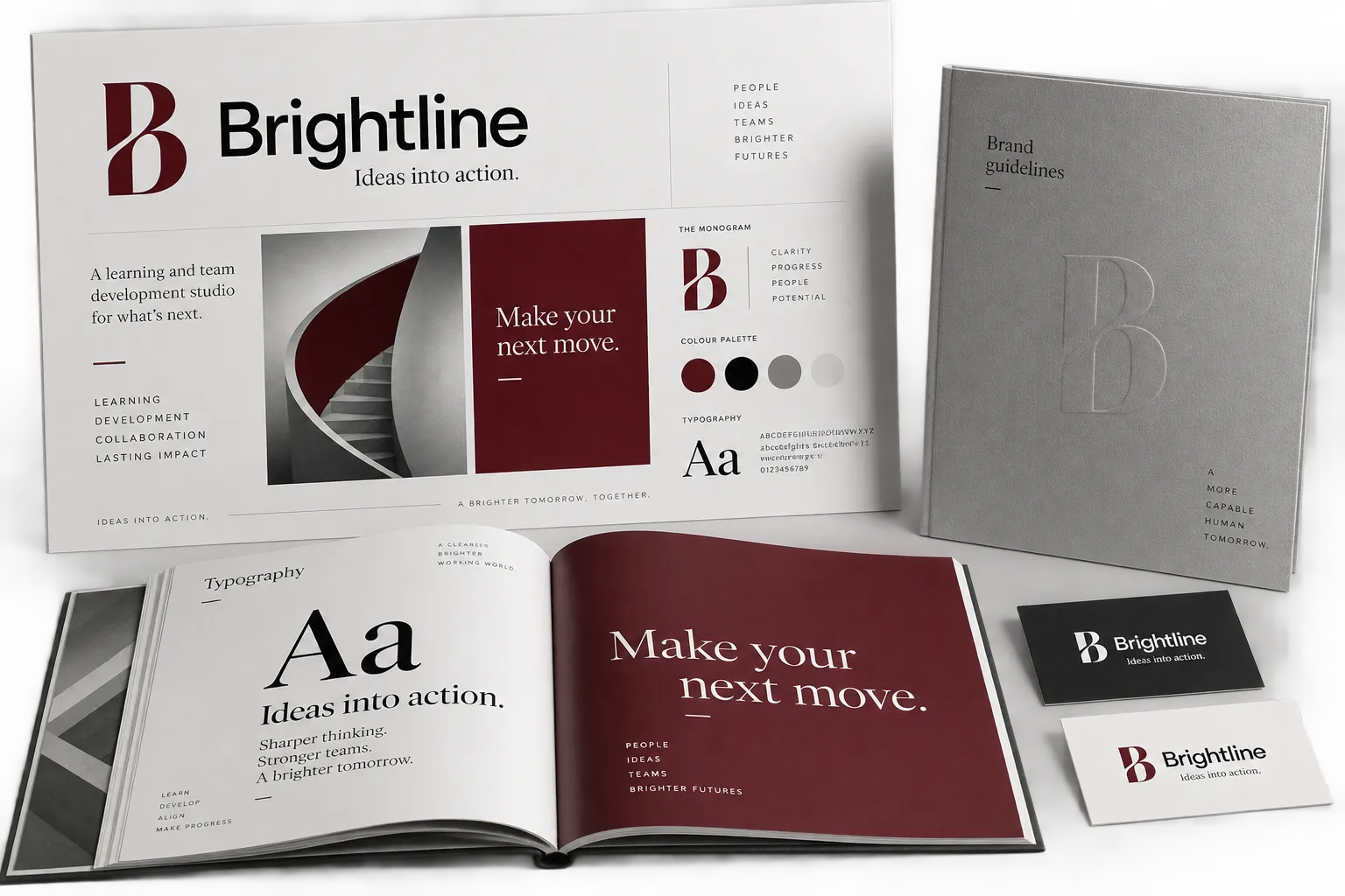 Brightline identity concept: custom monogram, burgundy and black palette, typography and printed brand guidelines