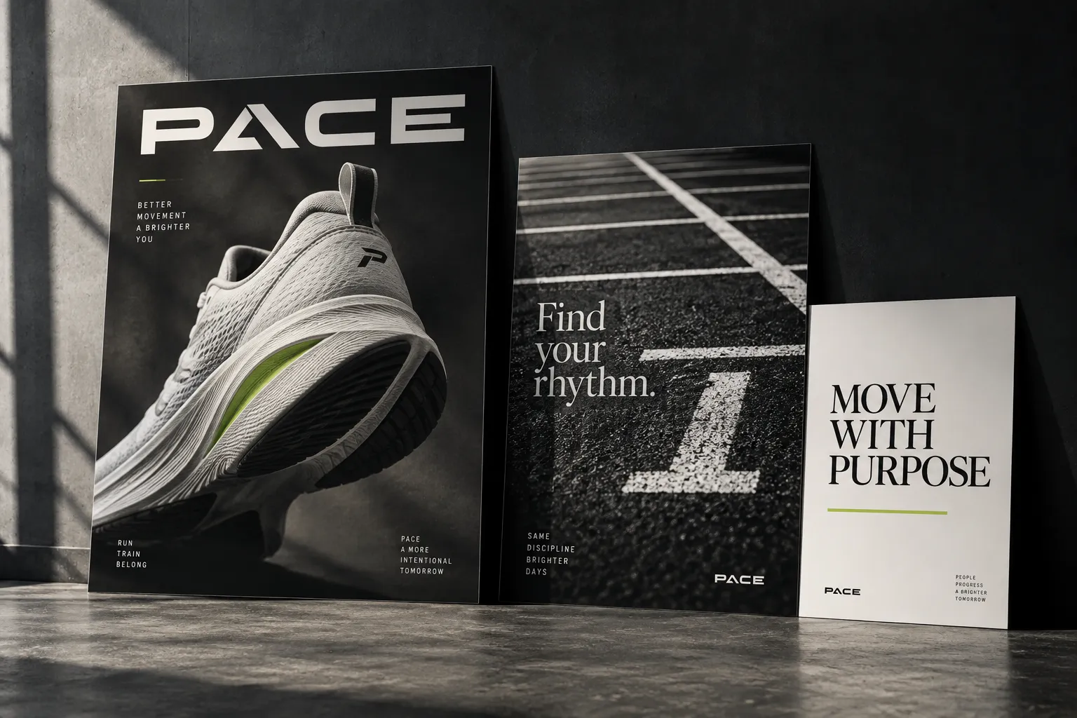 Original PACE concept campaign: coordinated posters, product photography and graphic typography