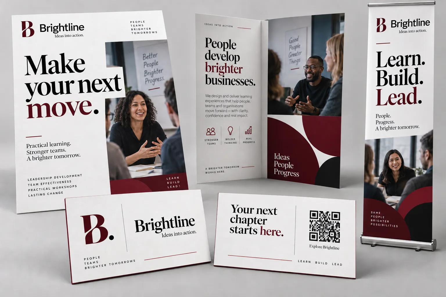 Brightline concept business cards, flyers and banners with an illustrative QR code