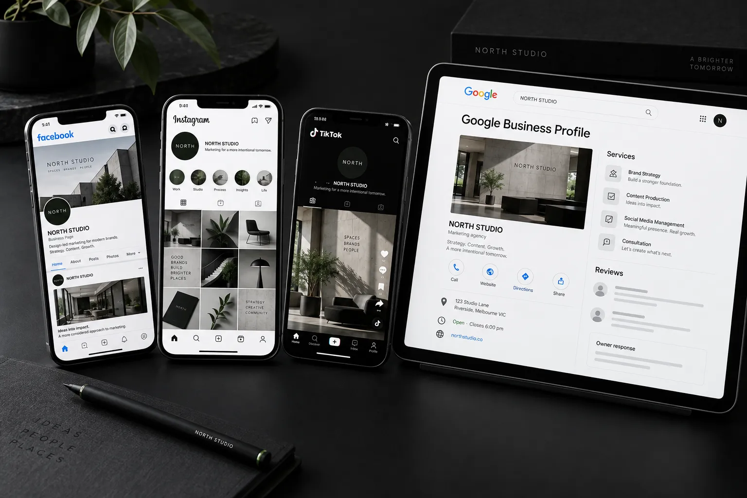 Concept social media and Google Business Profile mockups, including reviews